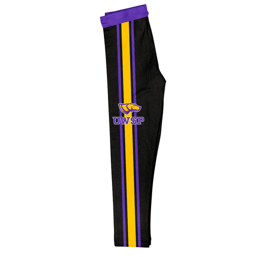 UW-Stevens Point Pointers UWSP Vive La Fete Girls Game Day Black with Purple Stripes Leggings Tights