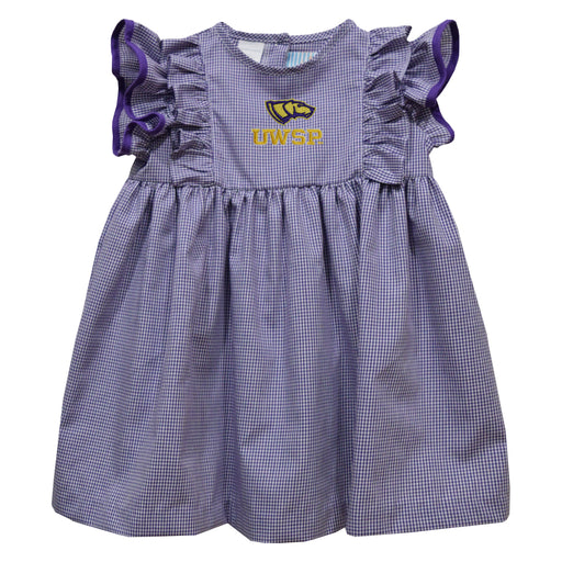 UWSP University of Wisconsin Stevens Point Pointers Embroidered Purple Gingham Ruffle Dress
