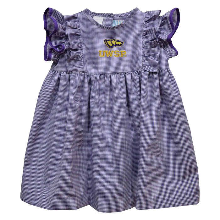 UWSP University of Wisconsin Stevens Point Pointers Embroidered Purple Gingham Ruffle Dress