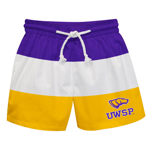 UW-Stevens Point Pointers UWSP Vive La Fete Purple White Gold Stripes Swimtrunks V1