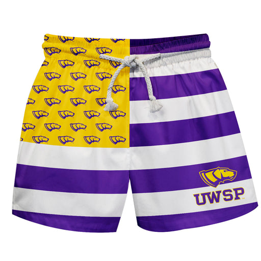 UW-Stevens Point Pointers UWSP Vive La Fete Game Day Purple White Gold Flag Swimtrunks V1