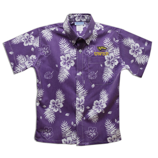 UWSP University of Wisconsin Stevens Point Pointers Purple Hawaiian Short Sleeve Button Down Shirt
