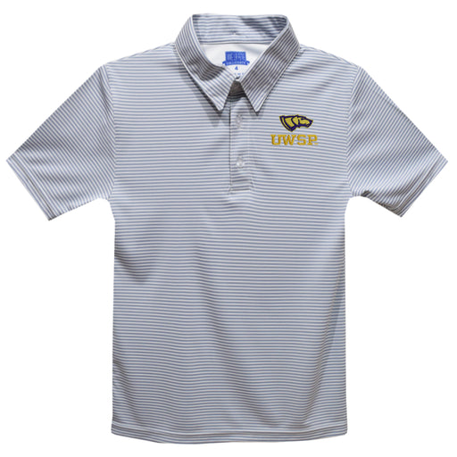 UWSP University of Wisconsin Stevens Point Pointers Embroidered Gray Stripes Short Sleeve Polo Box Shirt