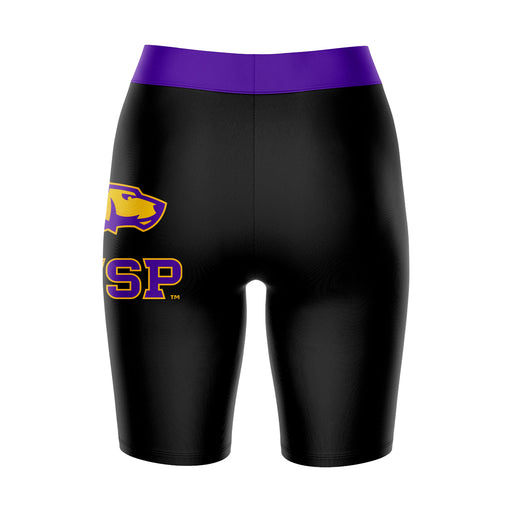 UW-Stevens Point Pointers UWSP Vive La Fete Logo on Thigh and Waistband Black and Purple Women Bike Short 9 Inseam - Vive La Fête - Online Apparel Store