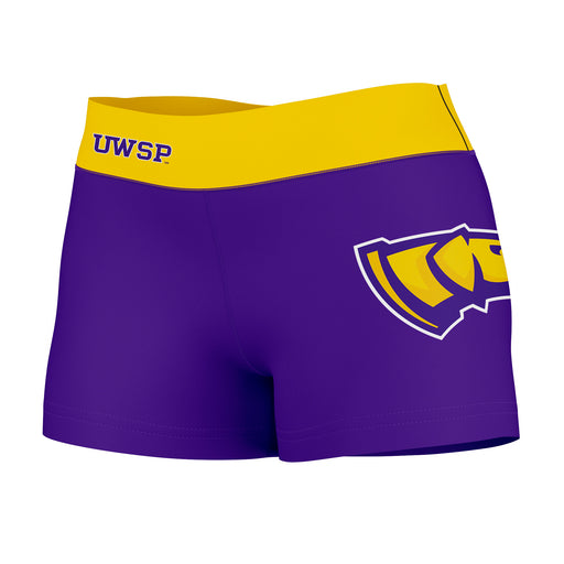 Stevens Point Pointers Vive La Fete Logo on Thigh & Waistband Purple Gold Women Yoga Booty Workout Shorts 3.75 Inseam
