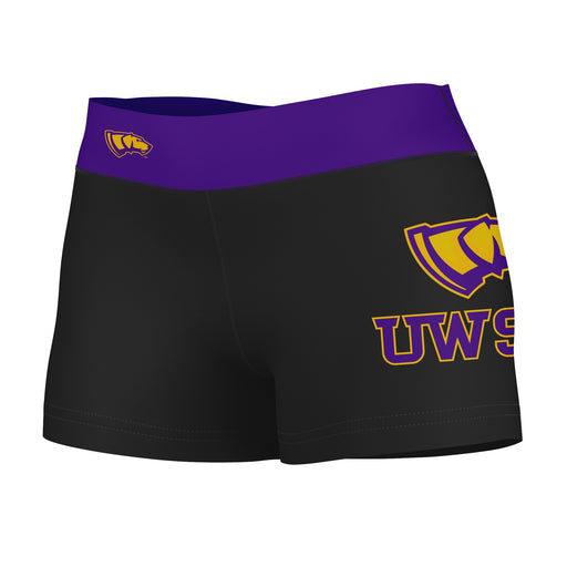 UW-Stevens Point Pointers UWSP Logo on Thigh & Waistband Black & Purple Women Yoga Booty Workout Shorts 3.75 Inseam