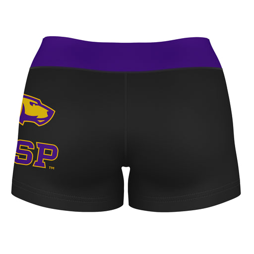 UW-Stevens Point Pointers UWSP Logo on Thigh & Waistband Black & Purple Women Yoga Booty Workout Shorts 3.75 Inseam - Vive La Fête - Online Apparel Store
