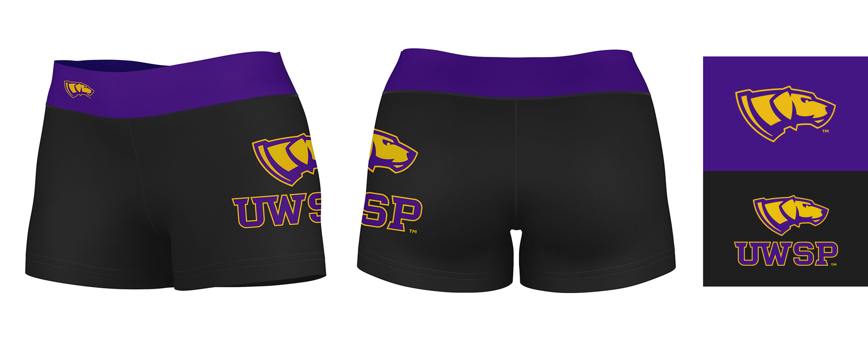 UW-Stevens Point Pointers UWSP Logo on Thigh & Waistband Black & Purple Women Yoga Booty Workout Shorts 3.75 Inseam - Vive La Fête - Online Apparel Store
