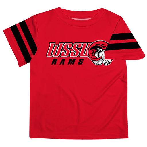 WSSU Winston-Salem State Rams Vive La Fete Boys Game Day Red Short Sleeve Tee with Stripes on Sleeves
