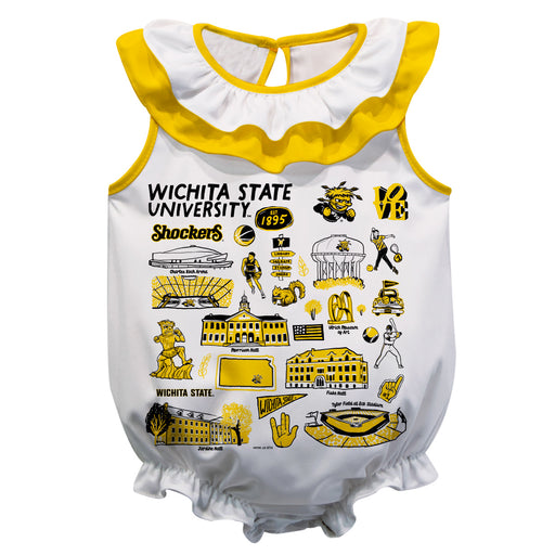 Wichita State Shockers WSU  White Hand Sketched Vive La Fete Impressions Artwork Sleeveless Ruffle Onesie Bodysuit