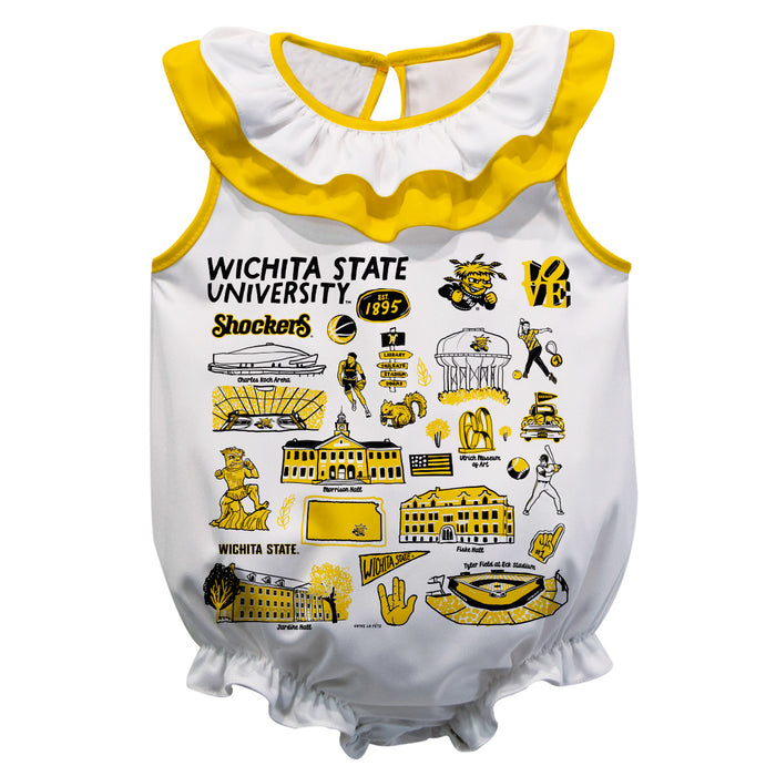 Wichita State Shockers WSU  White Hand Sketched Vive La Fete Impressions Artwork Sleeveless Ruffle Onesie Bodysuit
