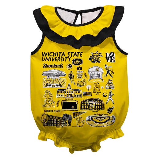 Wichita State Shockers WSU  Yellow Hand Sketched Vive La Fete Impressions Artwork Sleeveless Ruffle Onesie Bodysuit