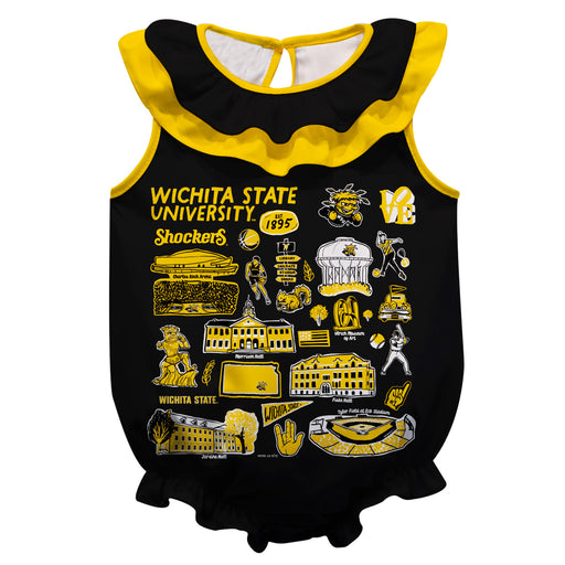 Wichita State Shockers WSU  Black Hand Sketched Vive La Fete Impressions Artwork Sleeveless Ruffle Onesie Bodysuit