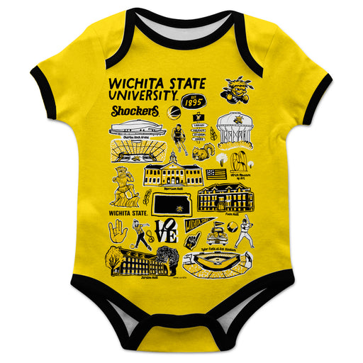 Wichita State Shockers WSU Hand Sketched Vive La Fete Impressions Artwork Infant Yellow Short Sleeve Onesie Bodysuit