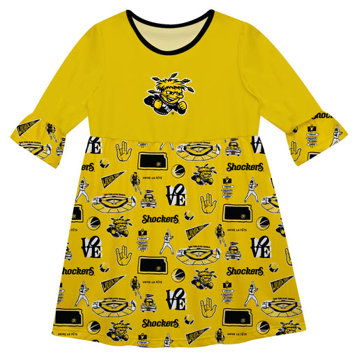 Wichita State Shockers WSU 3/4 Sleeve Solid Yellow Repeat Print Hand Sketched Vive La Fete Impressions Artwork on Skirt