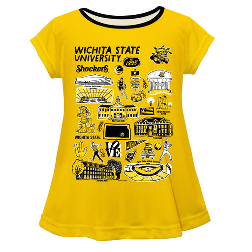Wichita State Shockers WSU Hand Sketched Vive La Fete Impressions Artwork Yellow Short Sleeve Top