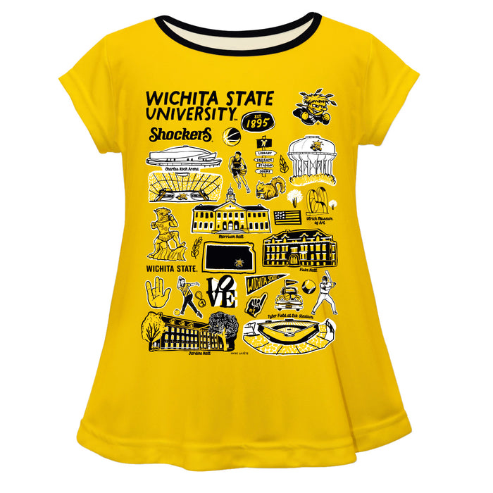 Wichita State Shockers WSU Hand Sketched Vive La Fete Impressions Artwork Yellow Short Sleeve Top