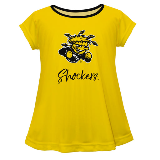 Wichita State Shockers WSU Vive La Fete Girls Game Day Short Sleeve Yellow Top with School Logo and Name