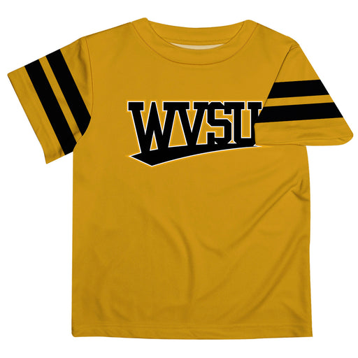 West Virginia State Yellow Jackets  Vive La Fete Boys Game Day Gold Short Sleeve Tee with Stripes on Sleeves
