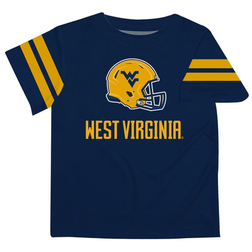 West Virginia Vive La Fete Boys Game Day Blue Short Sleeve Tee with Stripes on Sleeves