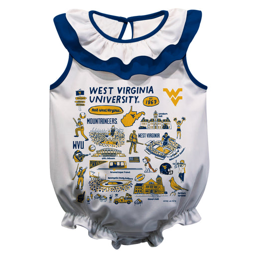 West Virginia University Mountaineers  White Hand Sketched Vive La Fete Impressions Artwork Sleeveless Ruffle Onesie Bod