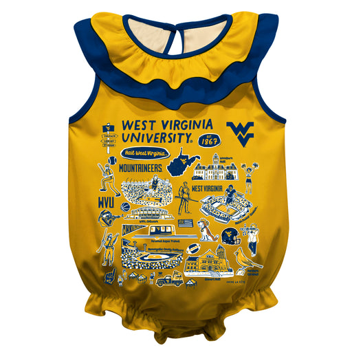 West Virginia University Mountaineers  Gold Hand Sketched Vive La Fete Impressions Artwork Sleeveless Ruffle Onesie Body