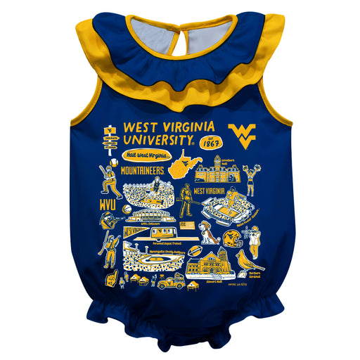 West Virginia University Mountaineers  Navy Hand Sketched Vive La Fete Impressions Artwork Sleeveless Ruffle Onesie Body