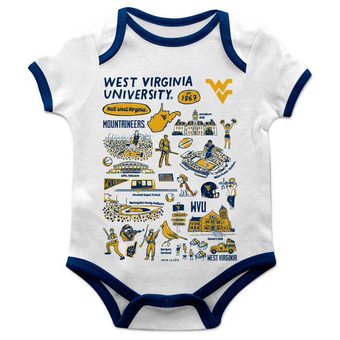 West Virginia University Mountaineers Hand Sketched Vive La Fete Impressions Artwork Infant White Short Sleeve Onesie Bo