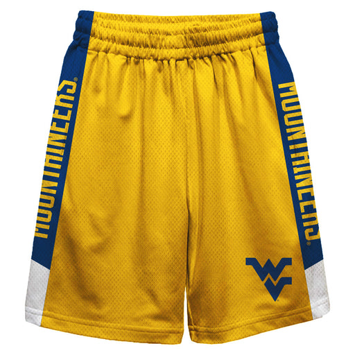 West Virginia Mountaineers Vive La Fete Game Day Gold Stripes Boys Solid Blue Athletic Mesh Short