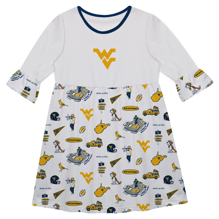 West Virginia University Mountaineers 3/4 Sleeve Solid White Repeat Print Hand Sketched Vive La Fete Impressions Artwork
