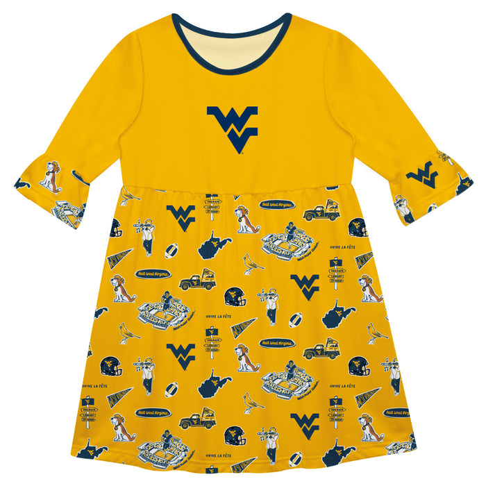 West Virginia Mountaineers 3/4 Sleeve Solid Gold Repeat Print Hand Sketched Vive La Fete Impressions Artwork on Skirt