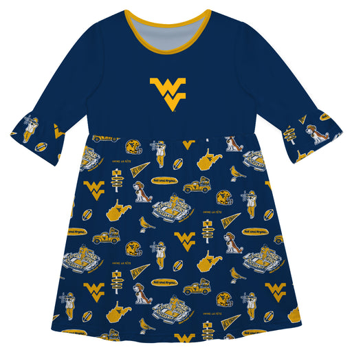West Virginia Mountaineers 3/4 Sleeve Solid Navy Repeat Print Hand Sketched Vive La Fete Impressions Artwork on Skirt