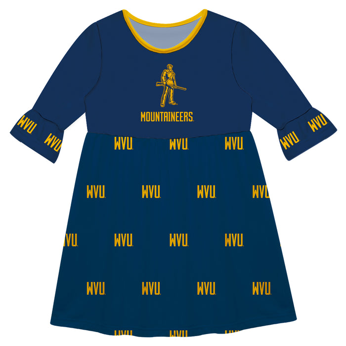 West Virginia Mountaineers Vive La Fete Girls Game Day 3/4 Sleeve Solid Blue All Over Logo on Skirt