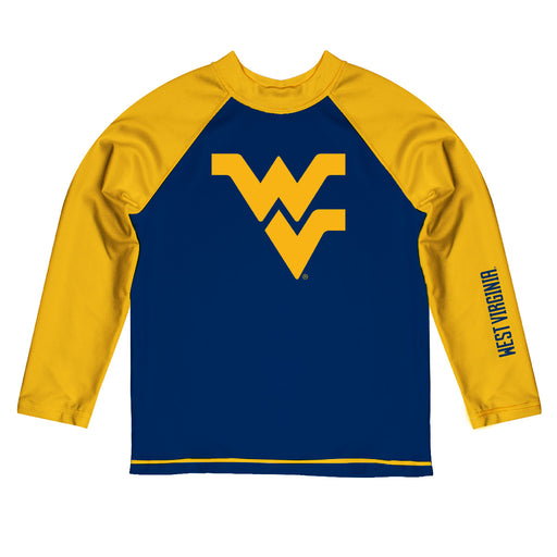 West Virginia Mountaineers Vive La Fete Blue and Gold Long Sleeve Raglan Rashguard