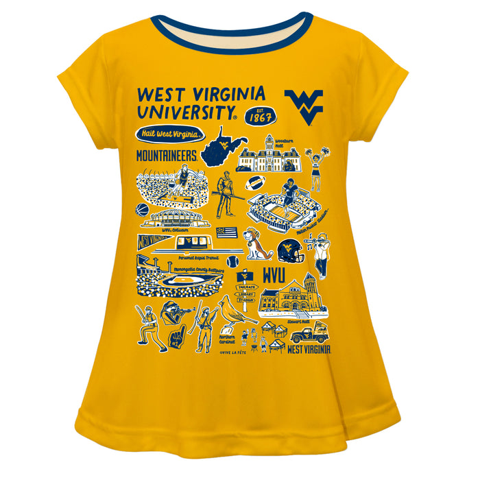 West Virginia University Mountaineers Hand Sketched Vive La Fete Impressions Artwork Gold Short Sleeve Top