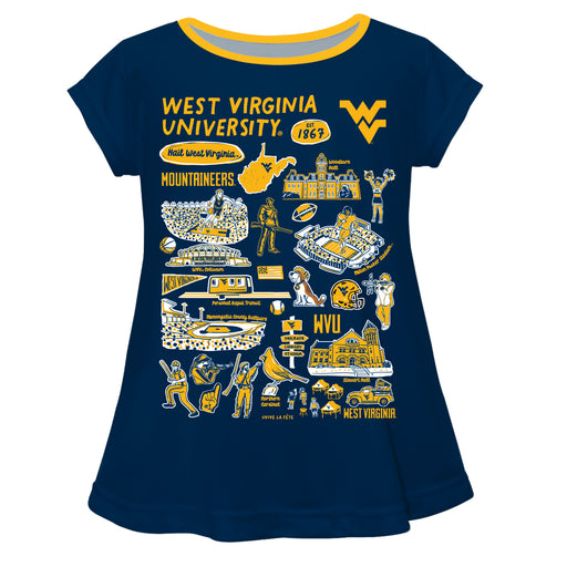 West Virginia University Mountaineers Hand Sketched Vive La Fete Impressions Artwork Navy Short Sleeve Top