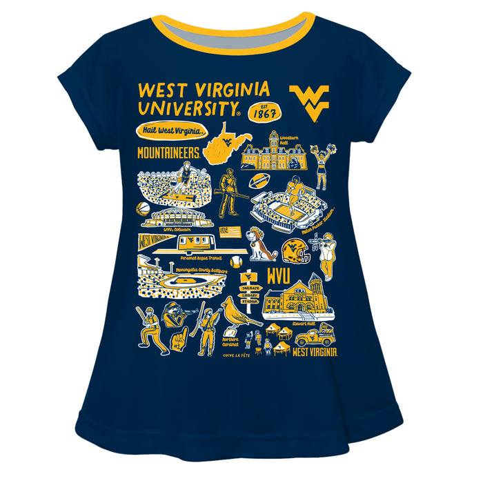 West Virginia University Mountaineers Hand Sketched Vive La Fete Impressions Artwork Navy Short Sleeve Top