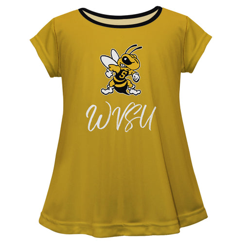 West Virginia University Mountaineers Vive La Fete Girls Game Day Short Sleeve Gold Top with School Logo and Name