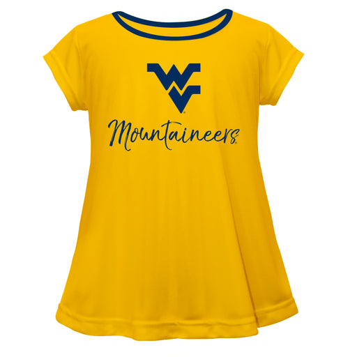 West Virginia Mountaineers Vive La Fete Girls Game Day Short Sleeve Gold Top with School Logo and Name