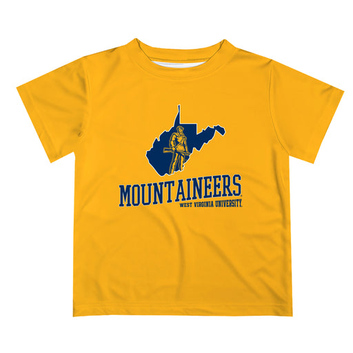 West Virginia Mountaineers Vive La Fete State Map Gold Short Sleeve Tee Shirt