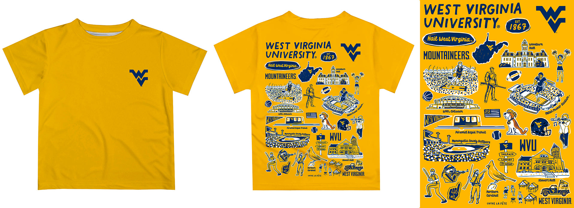 West Virginia University Mountaineers Hand Sketched Vive La Fete Impressions Artwork Boys Navy Short Sleeve Tee Shirt - Vive La Fête - Online Apparel Store