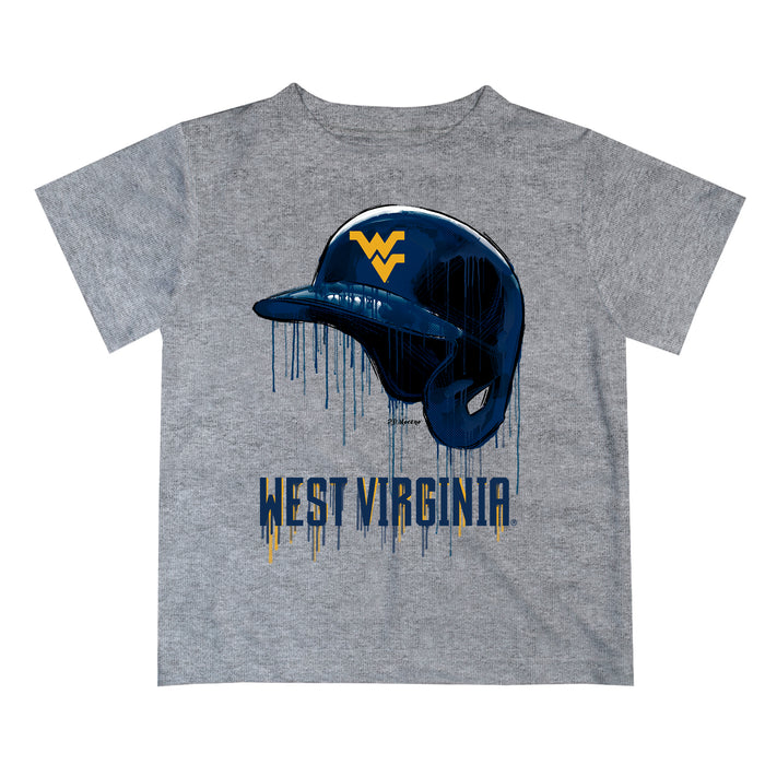 West Virginia Mountaineers  Original Dripping Baseball Helmet Heather Gray T-Shirt by Vive La Fete