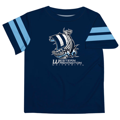 Western Washington Vikings Vive La Fete Boys Game Day Blue Short Sleeve Tee with Stripes on Sleeves