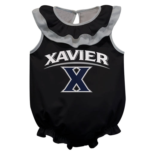 Xavier University Muskateers Black Sleeveless Ruffle Onesie Mascot Bodysuit by Vive La Fete