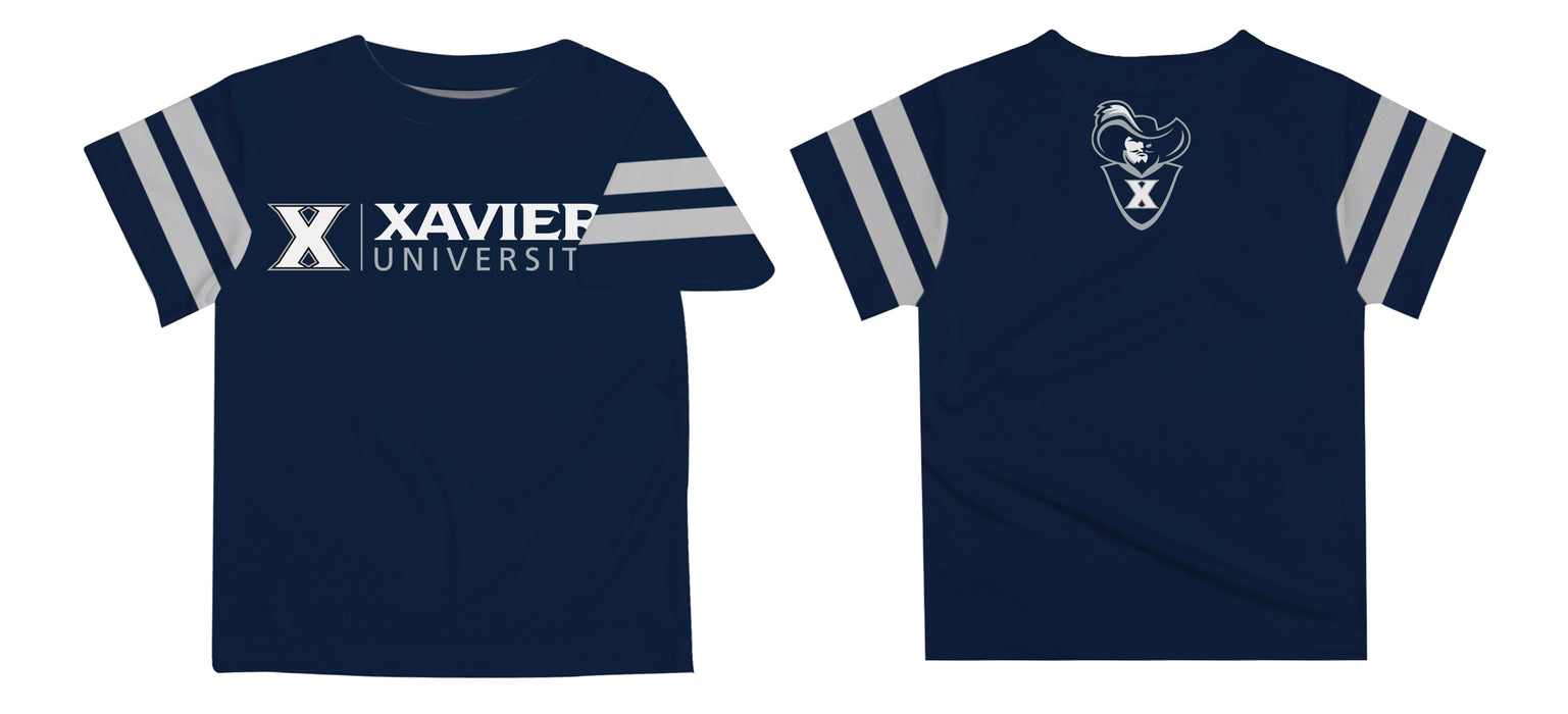 Xavier University Muskateers Vive La Fete Boys Game Day Navy Short Sleeve Tee with Stripes on Sleeves - Vive La Fête - Online Apparel Store