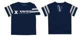 Xavier University Muskateers Vive La Fete Boys Game Day Navy Short Sleeve Tee with Stripes on Sleeves - Vive La Fête - Online Apparel Store