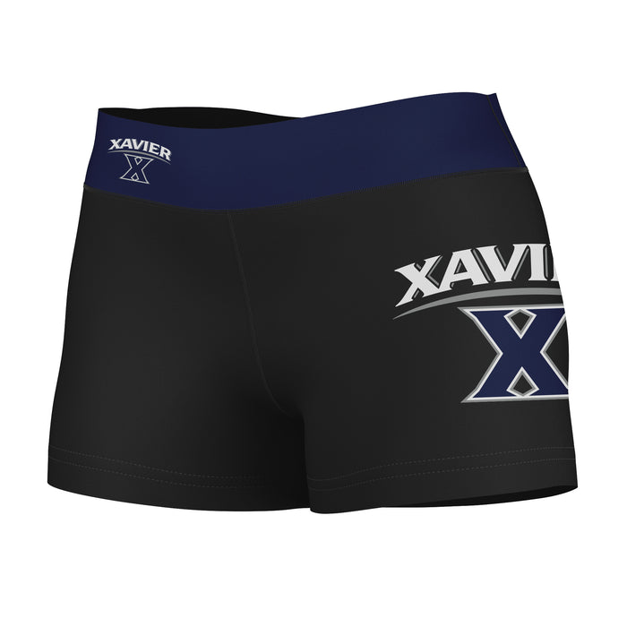 Xavier University Muskateers Vive La Fete Logo on Thigh & Waistband Black & Navy Women Booty Workout Shorts 3.75 Inseam"