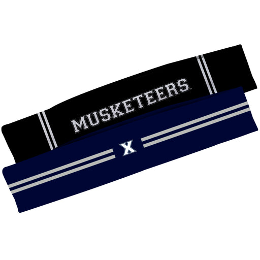 Xavier Musketeers Vive La Fete Girls Women Game Day Set of 2 Stretch Headbands Headbands Logo Blue and Name Black