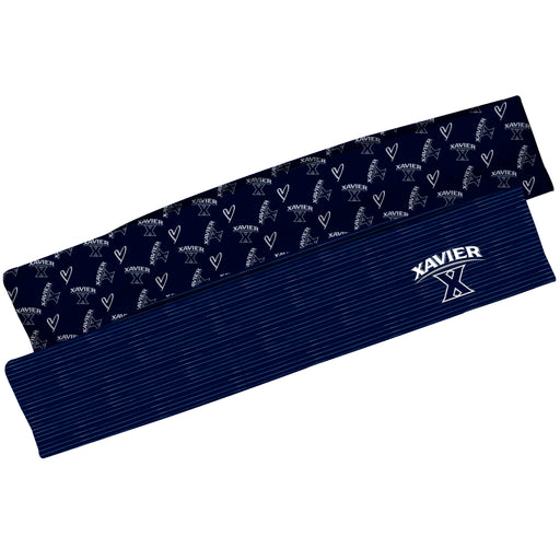 Xavier Musketeers Vive La Fete Girls Women Game Day Set of 2 Stretch Headbands Repeat Logo Blue and Logo