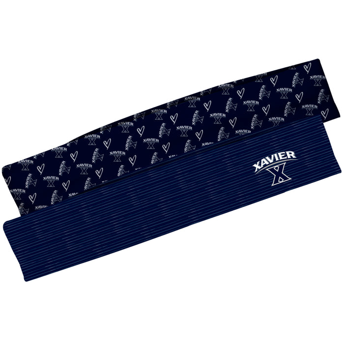 Xavier Musketeers Vive La Fete Girls Women Game Day Set of 2 Stretch Headbands Repeat Logo Blue and Logo